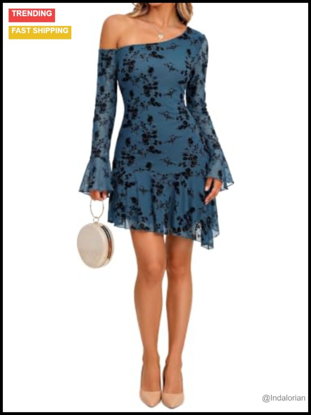 One Shoulder Long Bell Sleeve Floral Bodycon Mini Cocktail Dress